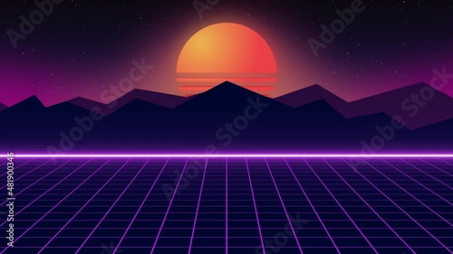 Sun on beach. 80s style, Retro Futurism Background