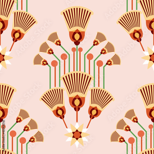 Seamless pattern vector illustration of the Egyptian ancient ornament with a lotus flower, leaves, papyrus, palm tree. Egyptian culture element For wallpaper, wrapping, paper, fabric, background