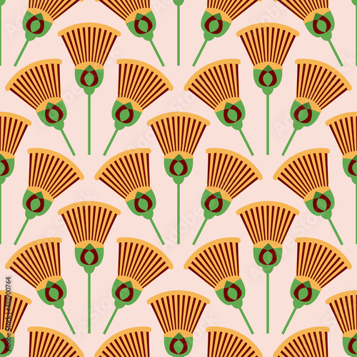 Seamless pattern vector illustration of the Egyptian ancient ornament with a lotus flower, leaves, papyrus, palm tree. Egyptian culture element For wallpaper, wrapping, paper, fabric, background