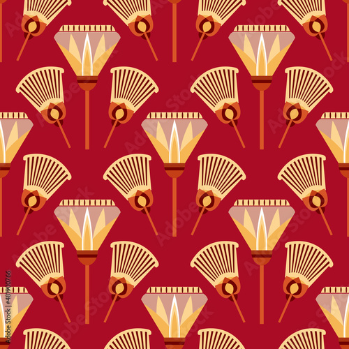 Seamless pattern vector illustration of the Egyptian ancient ornament with a lotus flower, leaves, papyrus, palm tree. Egyptian culture element For wallpaper, wrapping, paper, fabric, background