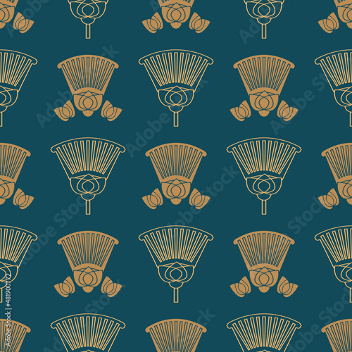 Seamless pattern vector illustration of the Egyptian ancient ornament with a lotus flower, leaves, papyrus, palm tree. Egyptian culture element For wallpaper, wrapping, paper, fabric, background