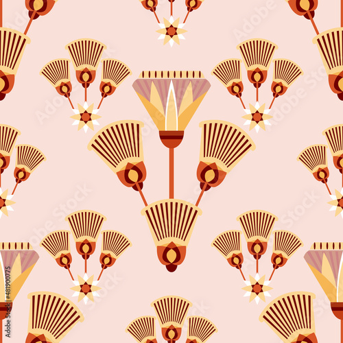 Seamless pattern vector illustration of the Egyptian ancient ornament with a lotus flower, leaves, papyrus, palm tree. Egyptian culture element For wallpaper, wrapping, paper, fabric, background