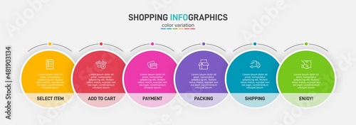 Concept of shopping process with 6 successive steps. Six colorful graphic elements. Timeline design for brochure, presentation, web site. Infographic design layout.