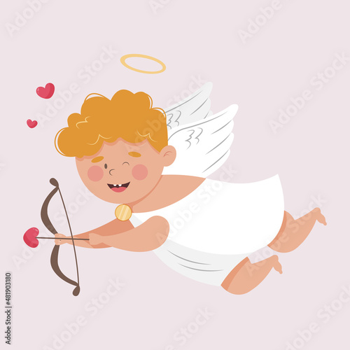 Winking baby Cupid shooting arrows from a bow. A symbol of love and Valentine's Day. Vector illustration of happy angel with wings shooting arrow from a bow with a heart on the arrowhead. photo