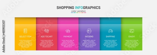 Concept of shopping process with 6 successive steps. Six colorful graphic elements. Timeline design for brochure, presentation, web site. Infographic design layout.