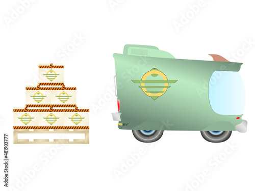 Illustration of an commercial electrical delivery vehicle backed up to a palette of boxes for delivery