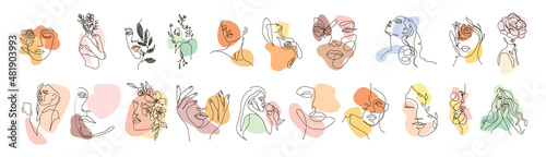 Modern abstract line minimalistic women faces arts set with different shapes for wall decoration, postcard or brochure cover design. Different woman faces. One line art. Vector illustrations design