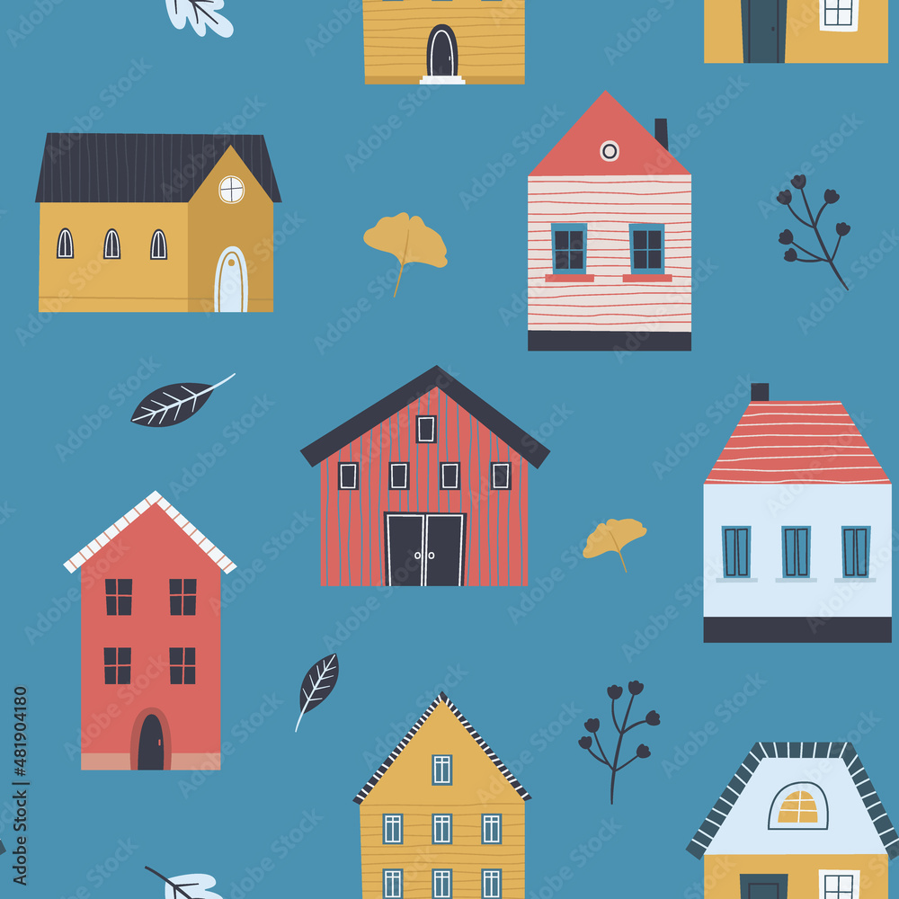 Cute houses with flowers leaves seamless pattern 