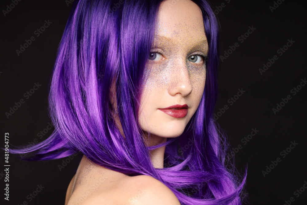 Close-up of a girl with bright hair,bright makeup,color Close-up of a girl with bright hair,bright makeup,color