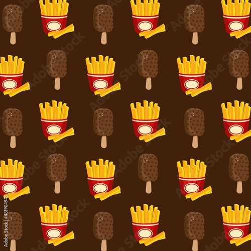 Ice cream chocolate popsicle and french fries decoration seamless vector