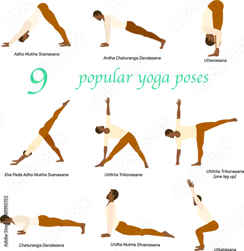  9 Yoga poses of a fit sporty African American man drawn in flat style. Yoga pose or asana. Man is doing exercises for body stretching. Character Vector Illustration