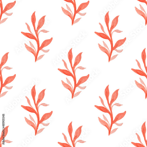 Seamless pattern with hand-drawn watercolor red branches with leaves on white. Autumn season. Organic  natural  freshness concept for textile  print  etc.