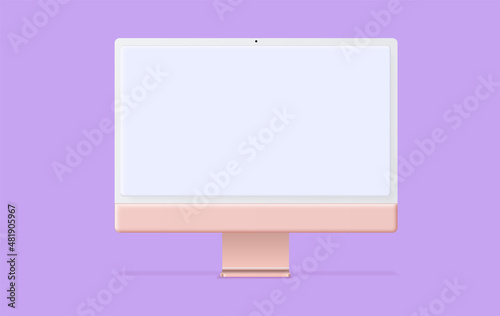 3D Minimal desktop, PC blank screen mockup. Modern desktop computer on pink color. Creative ideas minimal design. Vector illustration