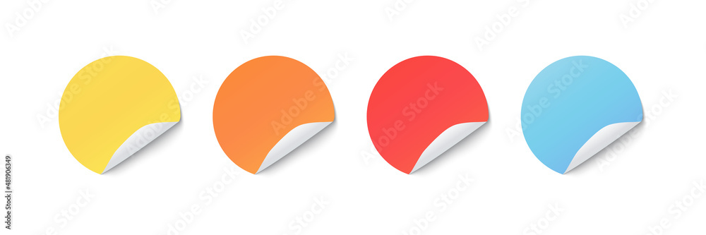 Colorful paper round adhesive sticker set with a folded edges. Blank templates of a price tag. Realistic vector stickers Colorful paper round adhesive sticker set with a folded edges. Blank templates of a price tag. Realistic vector stickers
