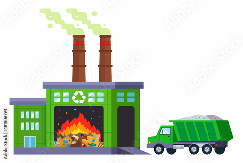 waste incineration plant. truck delivers unsorted garbage for recycling. flat vector illustration.
