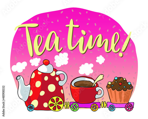 Tea time t-shirt decoration with steaming tea pot and cupcake