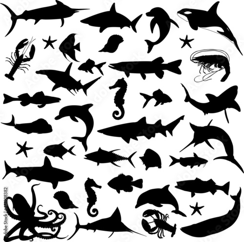 sea animals silhouettes collection - vector