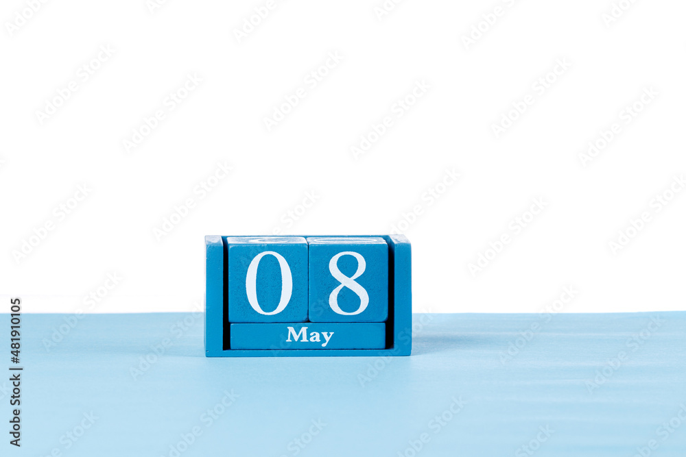 Wooden calendar May 08 on a white background Wooden calendar May 08 on a white background