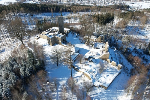 historical old castle ruins Orlik by Humpolec city aerial panorama view hrad Orlík  photo