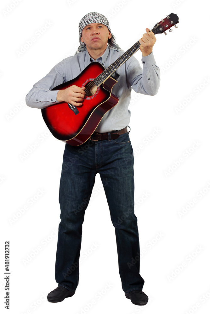 Full length portrait of a man with an acoustic guitar. Isolation on white background Full length portrait of a man with an acoustic guitar. Isolation on white background