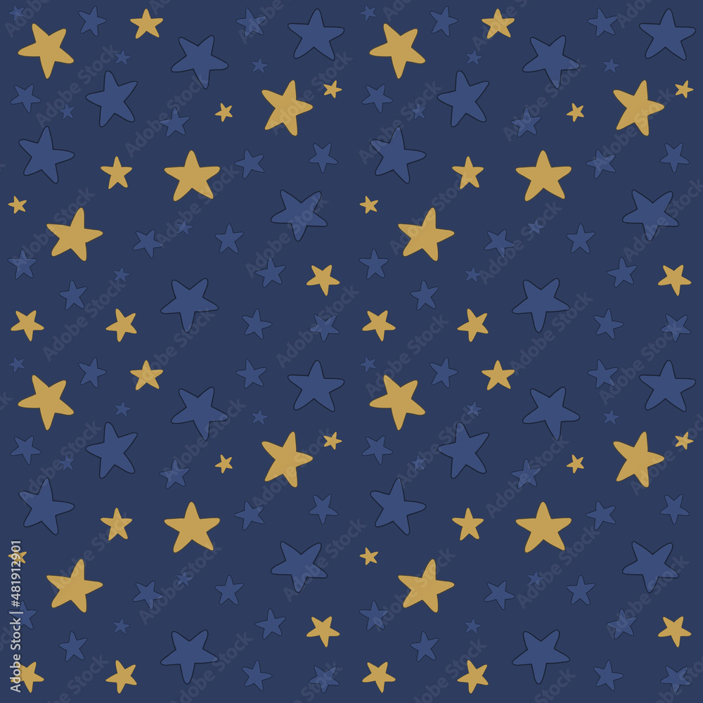 Seamless pattern with stars in blue and gold for fabric, paper, scrapbooking, wrapping. Blue background