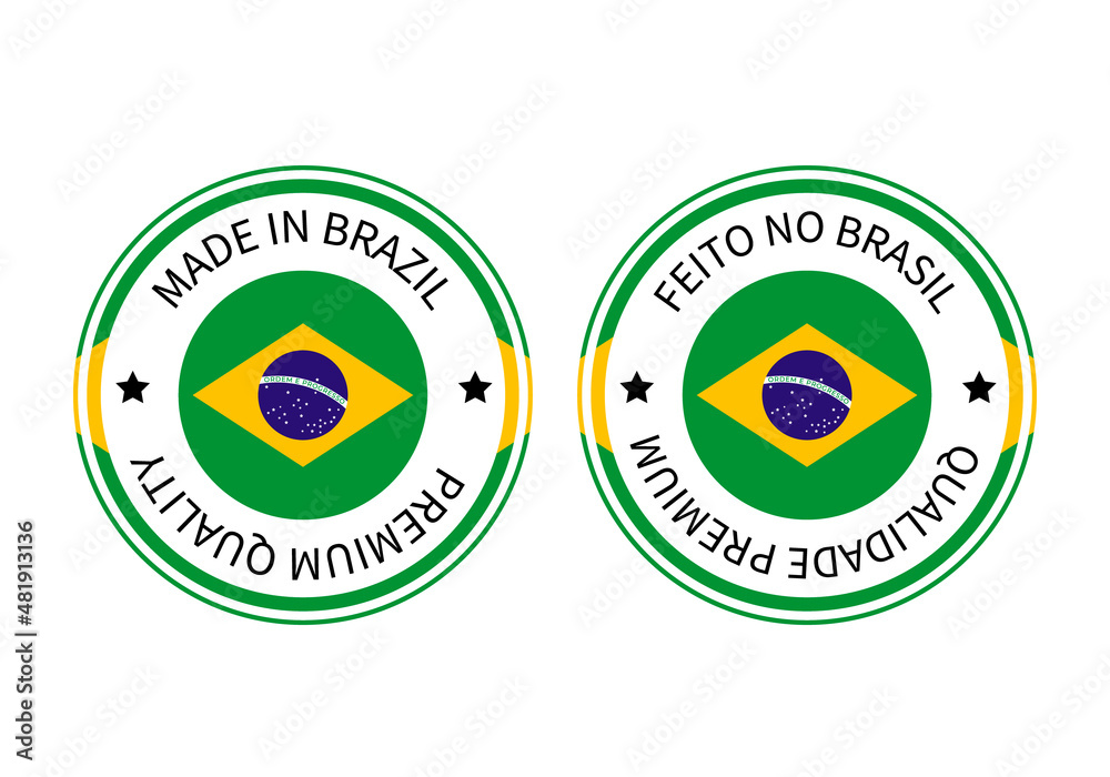 Made in Brazil labels round  in English and in Portuguese languages. Quality mark vector icon. Perfect for logo design, tags, badges, stickers, emblem, product package