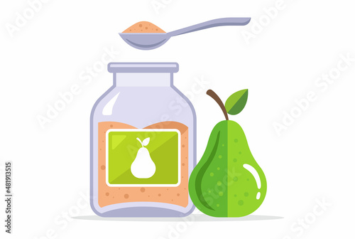 baby food in a glass jar. pear puree. fruit dessert. flat vector illustration.