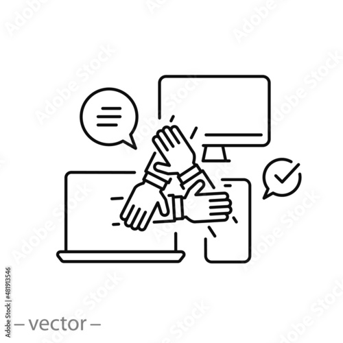 hybrid work icon, online computer conference, flexibility company connection, employee team, partnership hands, thin line symbol on white background - editable stroke vector illustration
