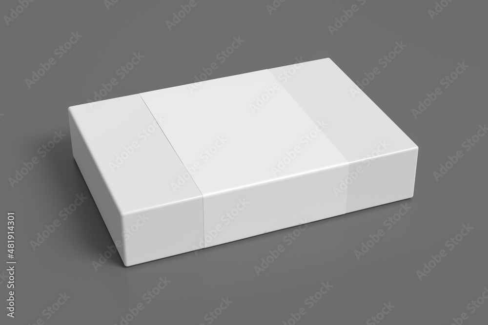 Flat box mock up with blank paper cover label: White gift box on gray background. Flat box mock up with blank paper cover label: White gift box on gray background.
