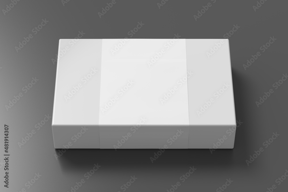 Flat box mock up with blank paper cover label: White gift box on gray background. Flat box mock up with blank paper cover label: White gift box on gray background.