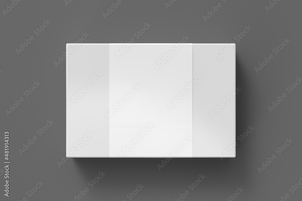 Flat box mock up with blank paper cover label: White gift box on gray background.