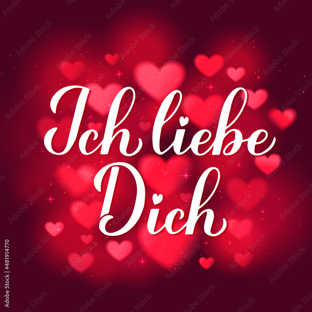 Ich liebe Dich calligraphy hand lettering in red background. I Love You in German. Valentines day typography poster. Vector template for banner, greeting card, t-shirt, logo design, flyer, etc