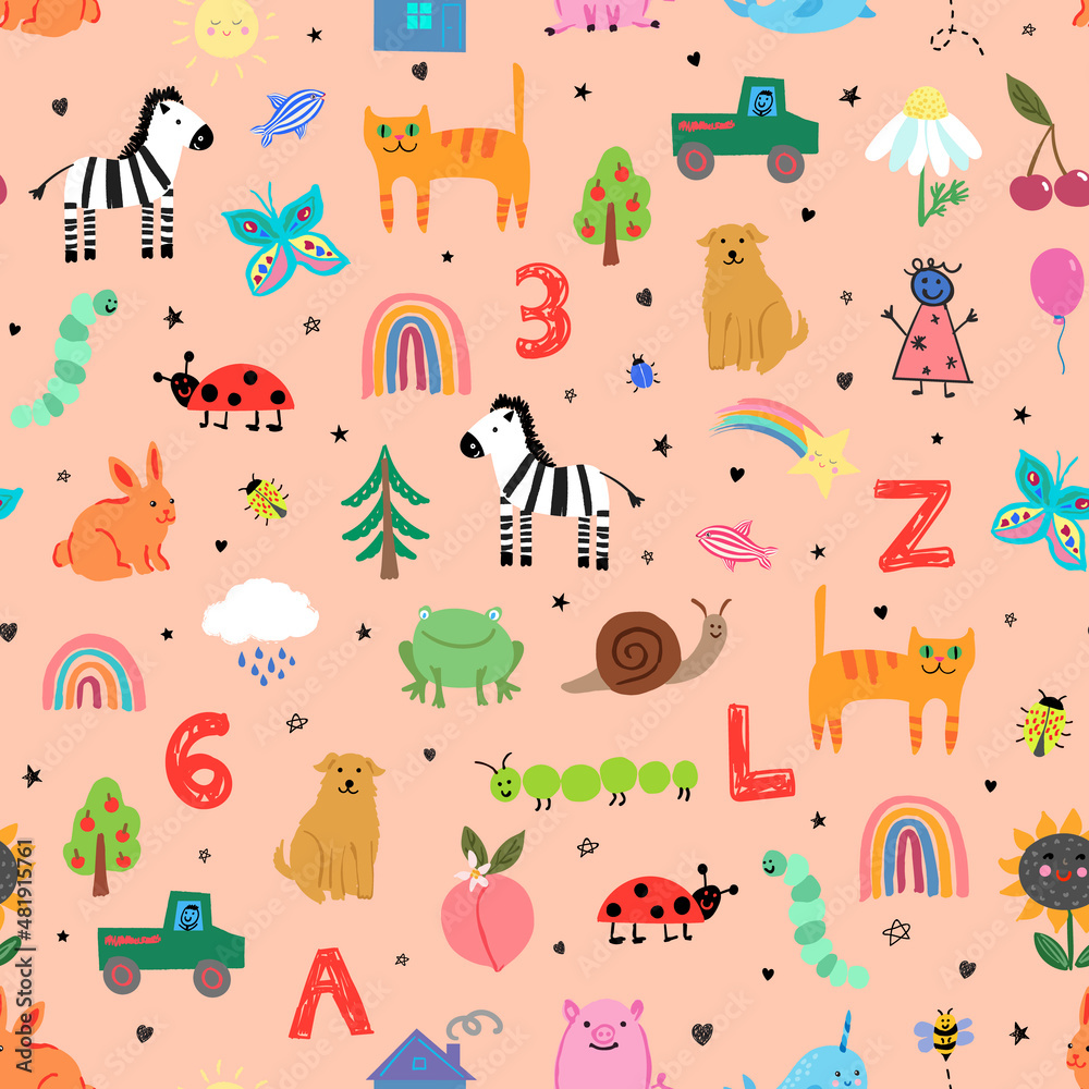 Kids vector repeat pattern with a medley of everyday objects, animals, flowers, bugs and more. Fun modern happy baby print.