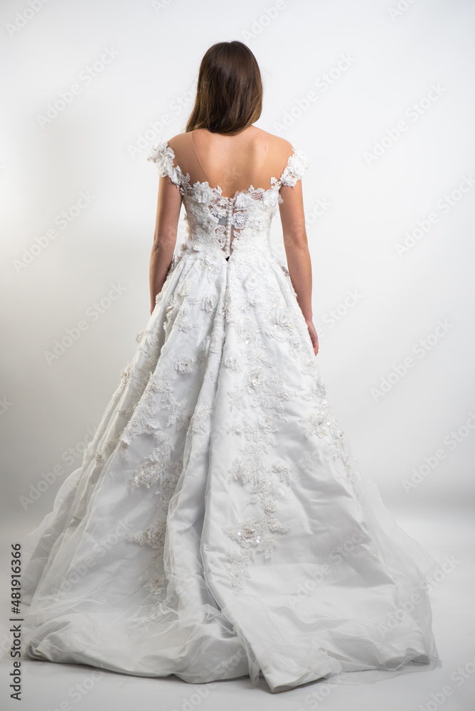 Beautiful bride in a magnificent white wedding dress of tulle with corset lacing and long beauty hair Beautiful bride in a magnificent white wedding dress of tulle with corset lacing and long beauty hair