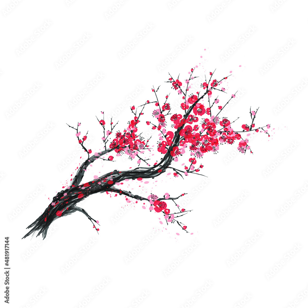 Realistic sakura blossom - Japanese cherry tree isolated on white background. Artistic branch sakura blossom. Vector
