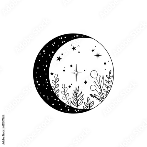 Hand Drawn Magic Floral Moon with Stars Illustration. Vector Flower Moon.  Flower Moon Logo