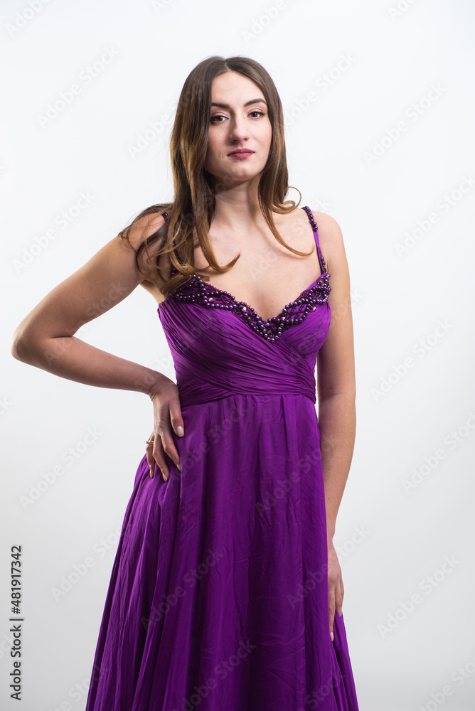 Beautiful woman long evening dress on white background Beautiful woman long evening dress on white background