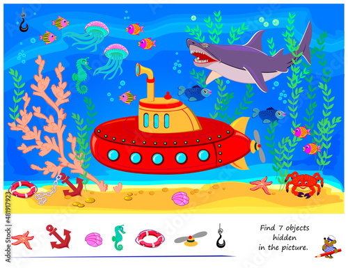 Logic puzzle game for kids. Find 7 objects hidden in the picture. Educational page for children. Developing counting skills. Play online. IQ test. Task for attentiveness. Cartoon vector illustration.