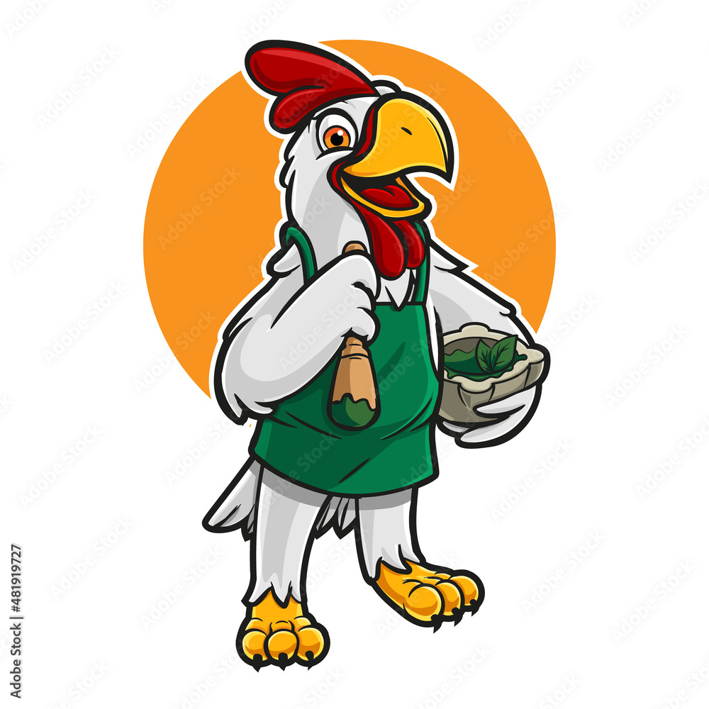 cartoon mascot chicken cooking with sauce and basil Stock Vector ...