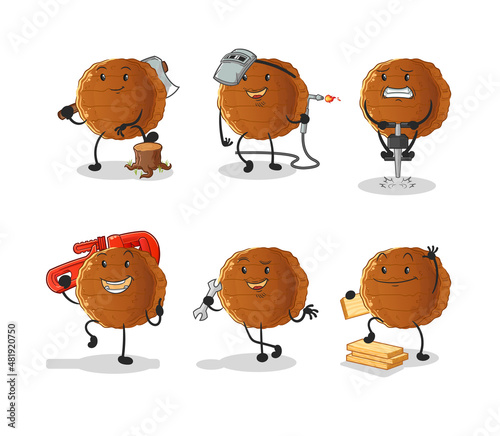 burger meat worker set character. cartoon mascot vector