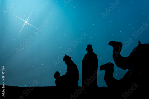 Bild auf Leinwand wisemen and camels silhouette with star of Bethlehem