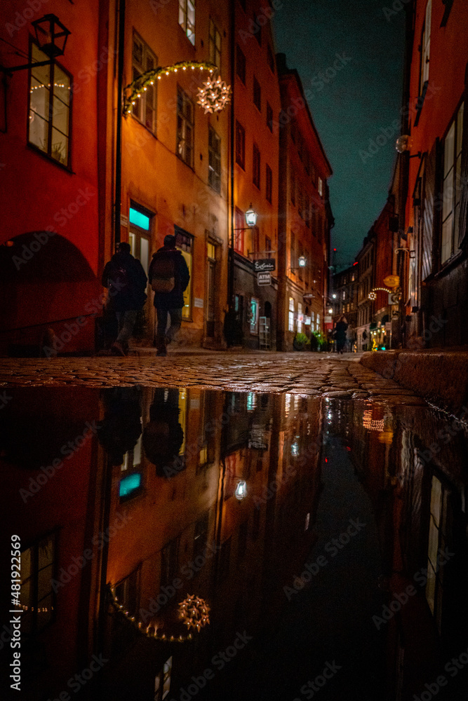 Pretty Night Lights Reflecting in Puddle on Cobblestone Street