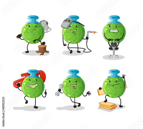 chemical tube worker set character. cartoon mascot vector