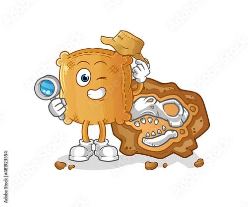 burlap sack archaeologists with fossils mascot. cartoon vector