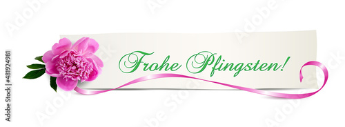 Banner mit Pfingstrose, Schild und Pfingstgrüße,
Vektor Illustration isoliert auf weißem Hintergrund
