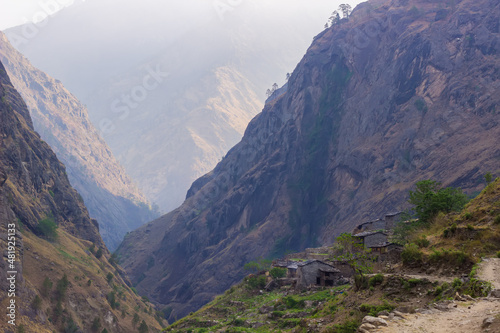 View of a mountain valley in the Himalayas in the Manaslu region