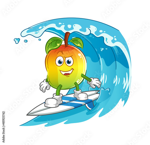 mango surfing character. cartoon mascot vector