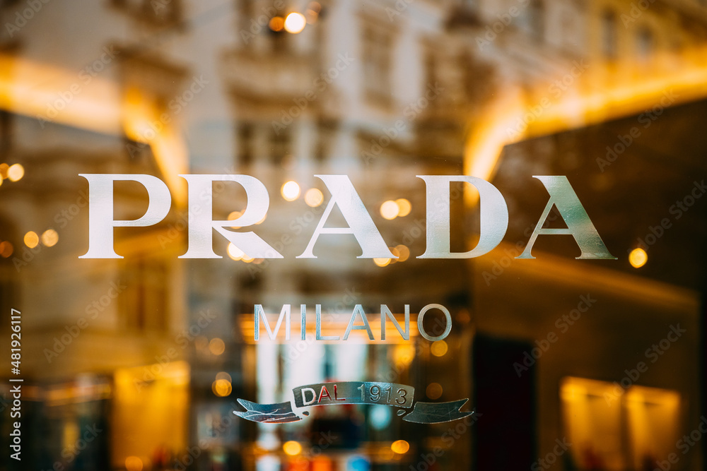 Prague, Czech Republic - September 22, 2017: Close View Of Logo Logotype  Sign Of Prada On Window Of Store. Prada Is Italian Luxury Fashion House  Founded In 1913 By Mario Prada. Stock Photo | Adobe Stock