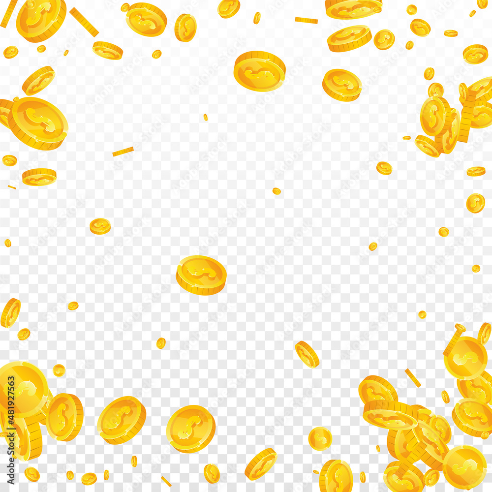 American dollar coins falling. Extraordinary scattered USD coins. USA money. Precious jackpot, wealth or success concept. Vector illustration.