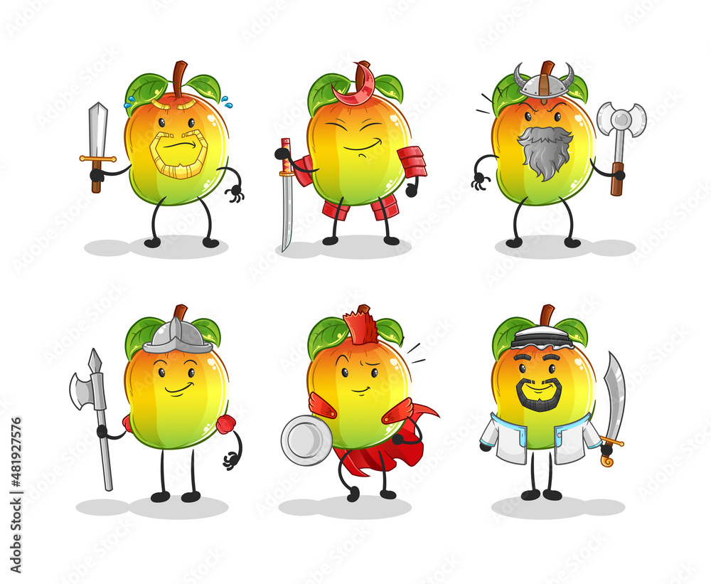 mango warrior group character. cartoon mascot vector